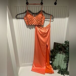 Vintage Y2K Precious Formals Orange Embellished Beaded Halter Two Piece Gown